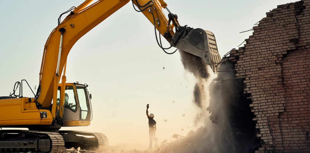 Demolition contractor operating heavy machinery